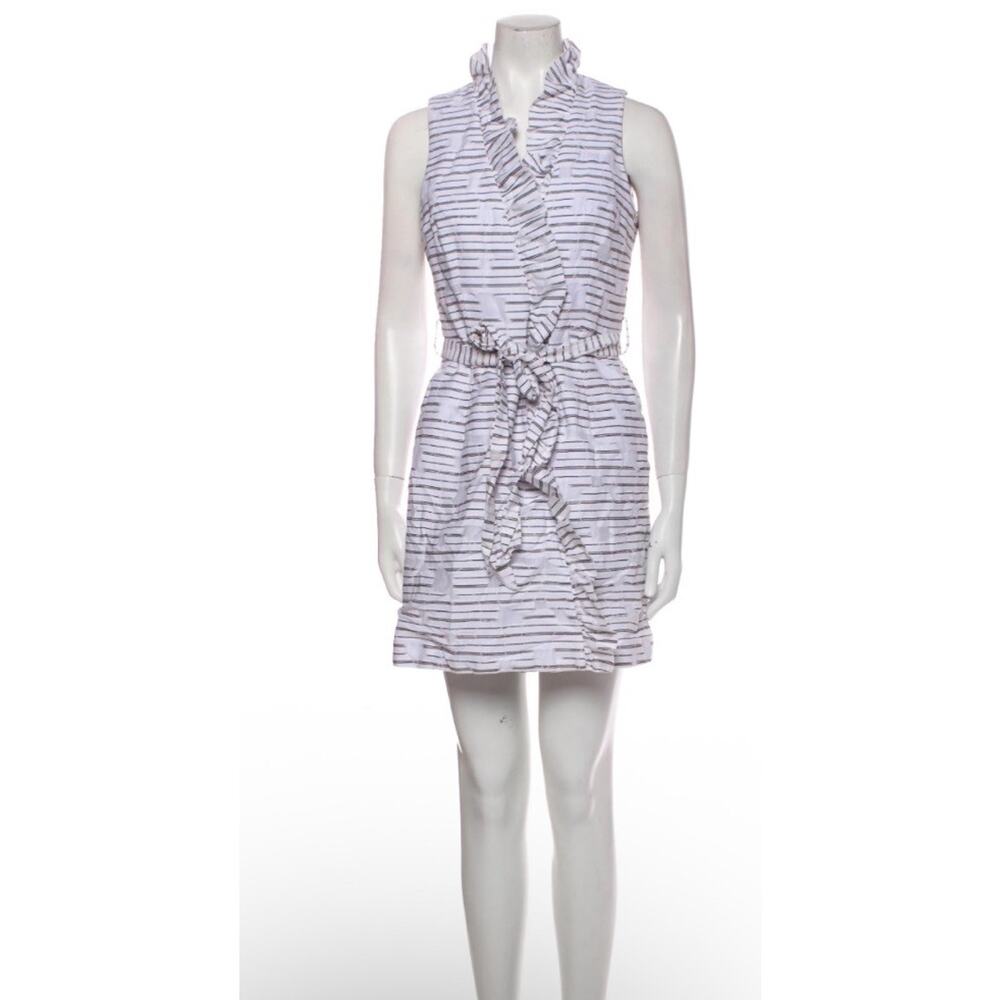 MILLY Ruffle White & Black Striped Burnout Mini Tie Waist Wrap Dress Summer SZ 4